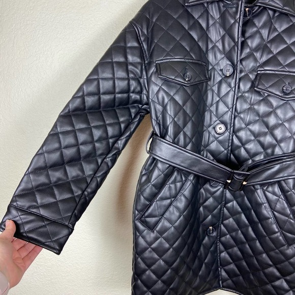 NEW Topshop Quinn Quilted Trench Jacket Black Faux Leather Belted Puffer Size 4 - Picture 4 of 9